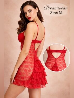 Dreamwear Red Lace Babydoll Chemise Underwire Stretch NWOT M